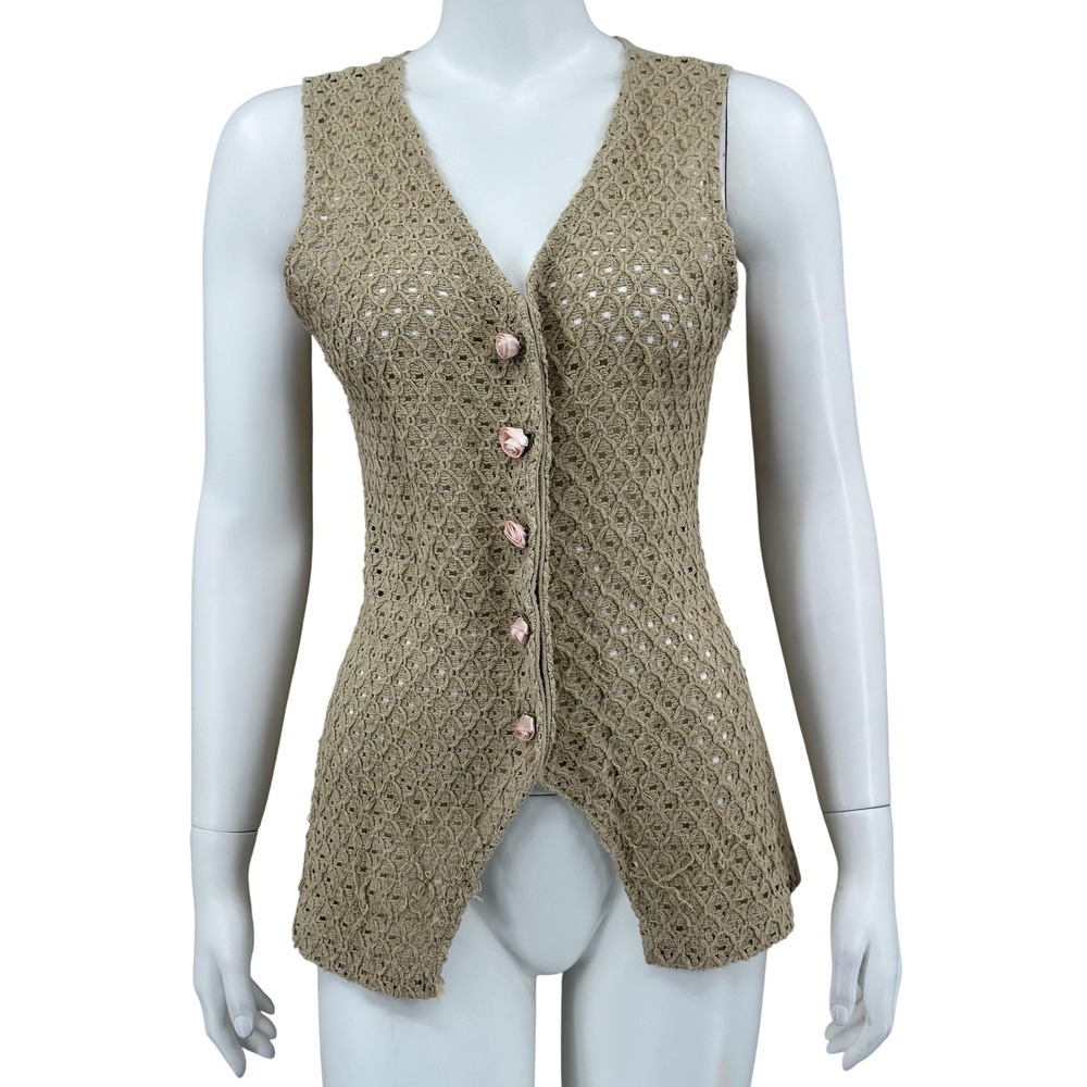 One Step Up Vest Womens One Size Tan Open Knit Rose Buttons Boho Y2K Cottagecore